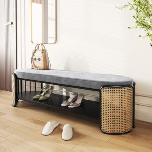 Rattan Bench Modern Grey & Natural Upholstered Entryway Bench with Shoe Storage