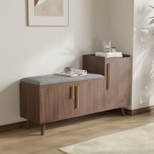Shoe Storage Entryway Bench with Right-Side Cabinet Engineered Wood Shoe Rack in Black Walnut (47")