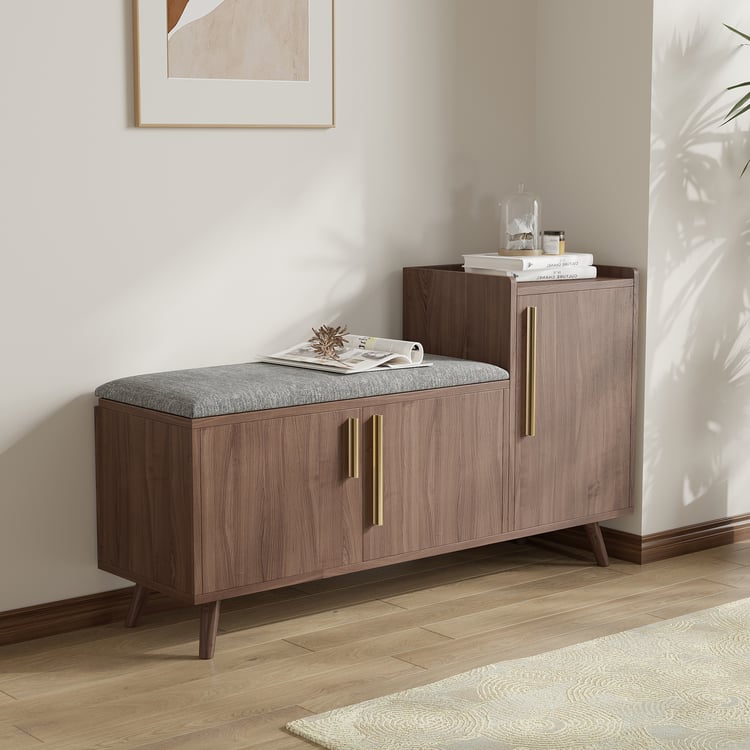 Shoe Storage Entryway Bench with Right-Side Cabinet Engineered Wood Shoe Rack in Black Walnut (47")