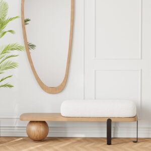Modern Natural & Black Entryway Bench, Bouclé Upholstered Bench with Metal Legs (47.2")