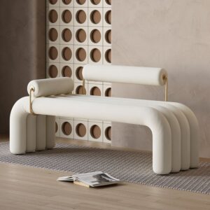 Tufted Velvet White Entryway Bench with Backrest, Modern Design in Gold Finish (47.2")