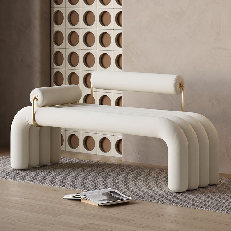 Tufted Velvet White Entryway Bench with Backrest, Modern Design in Gold Finish (47.2")