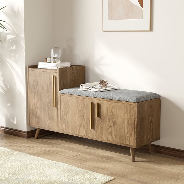 Walnut Upholstered Entryway Bench with Shoe Storage, Left-Side Cabinet (47.2")