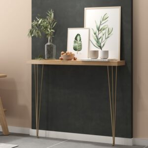 Rustic Narrow Rectangular Console Table with Wooden Top & Metal Hairpin Legs