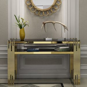 Modern Black Faux Marble Narrow Console Table with Storage Shelf and 4 Gold Legs