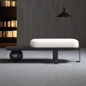 Modern White & Black Entryway Bench, Bouclé Upholstered Bench with Metal Legs (47.2")