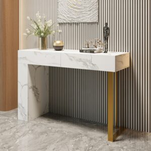White Console Table Modern Accent Table For Entryway with 2 Drawers & Stainless Steeel Base in Gold