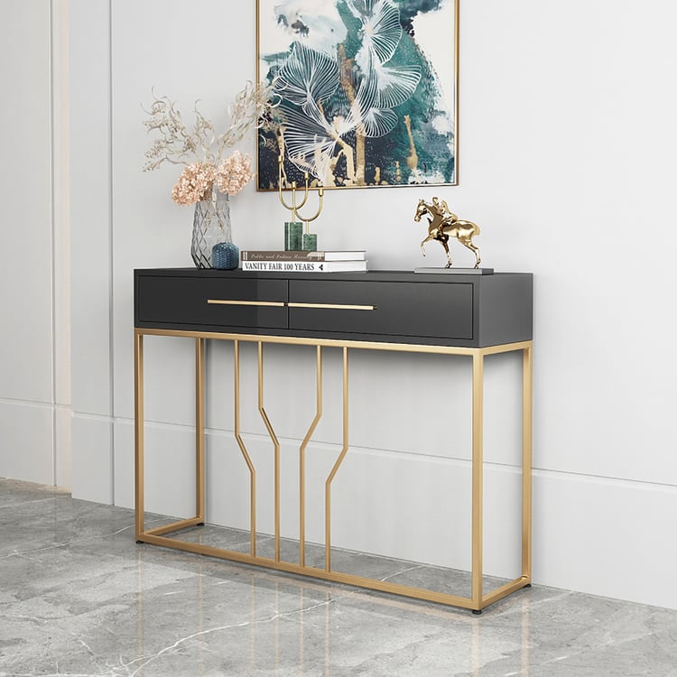 Modern Narrow Black Console Table with Storage Wood Entryway Table with Drawers