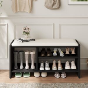 Modern Leather Upholstered Entryway Bench in Black Wood Shoe Storage (40'' Wide)