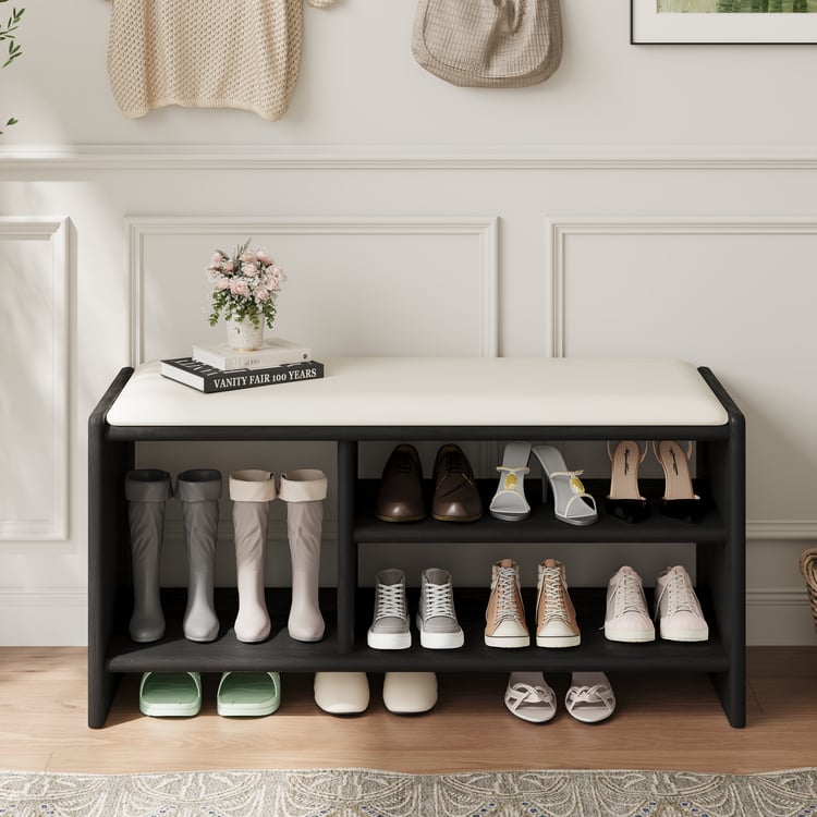 Modern Leather Upholstered Entryway Bench in Black Wood Shoe Storage (40'' Wide)