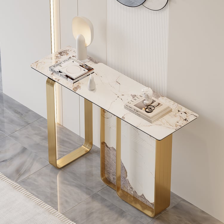 W Modern Sintered Stone Console Table with Gold Stainless Steel Frame