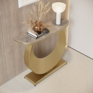 Narrow Console Table Grey Sintered Stone Entryway Table with Half-Moon Steel Base