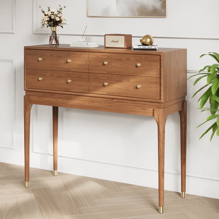 Mid Century Modern Console Table with Storage Walnut Wood Console Hall Table with 4 Drawers