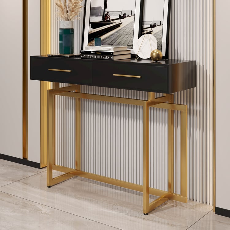 Modern Narrow Black Console Table with Storage Drawers and Metal Legs in Gold