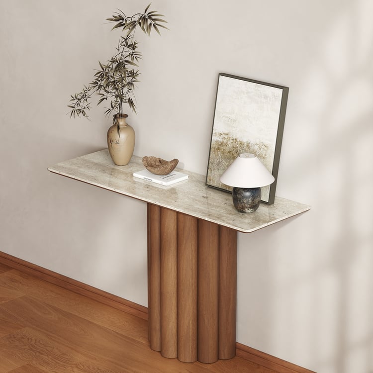 47" Travertine Top Solid Wood Fluted Console Table