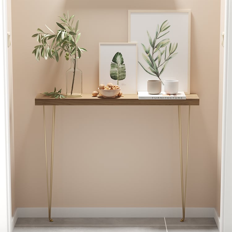 Rustic Walnut Narrow Rectangular Console Table with Wooden Top & Metal Legs