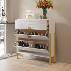 Modern Narrow White Shoe Storage Cabinet with Doors for Hallway & Entryway