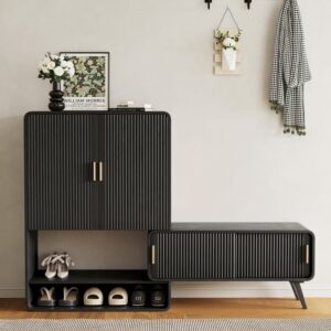 Ash Wood Shoe Rack for Entryway in Black Shoe Storage Cabinet for Closet (37" Wide)