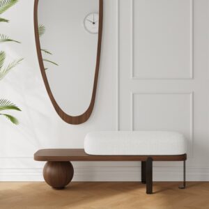 Modern Walnut & Black Entryway Bench, Bouclé Upholstered Bench with Metal Legs (47.2")