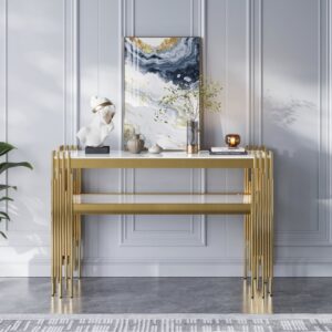 Modern White Faux Marble Narrow Console Table with Storage Shelf and 4 Gold Legs