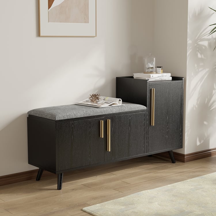 Shoe Storage Entryway Bench with Right-Side Cabinet Engineered Wood Shoe Rack in Black (47")