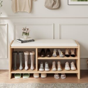 Modern Leather Upholstered Entryway Bench in Natural Wood Shoe Storage (40'' Wide)