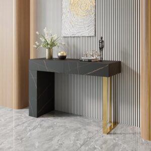 47.2" Black Console Table Modern Accent Table For Entryway with 2 Drawers & Stainless Steeel Base in Gold