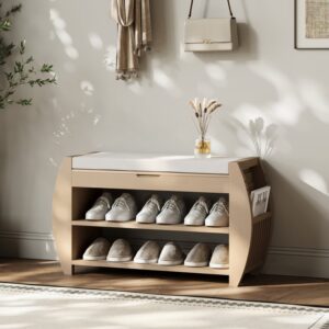 32'' Wood Veneer Whitewash Shoe Storage Entryway Bench with Shoe Rack