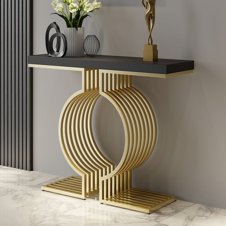 Modern Narrow Console Table with Geometric Metal Base Black Hallway Table