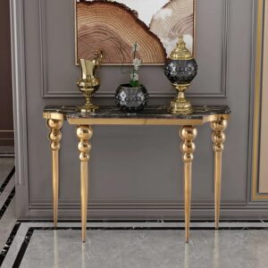 Mid-Century Modern Black Narrow Console Table Faux Marble Entryway Table Stainless Steel Legs