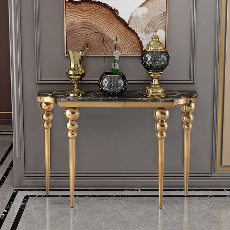 Mid-Century Modern Black Narrow Console Table Faux Marble Entryway Table Stainless Steel Legs