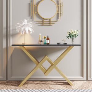 Black & Gold Narrow Sofa Console Table Hallway Table with Trestle Metal Base