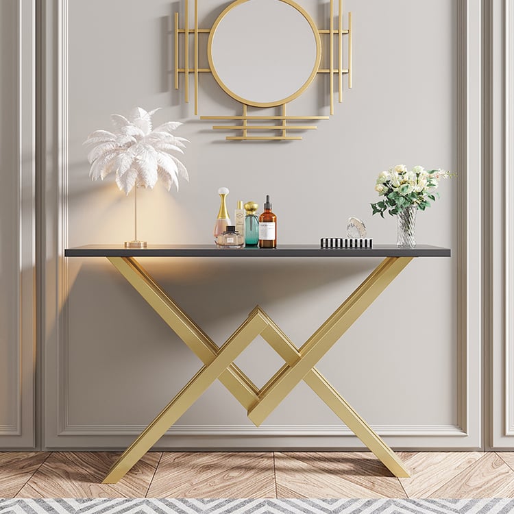 Black & Gold Narrow Sofa Console Table Hallway Table with Trestle Metal Base
