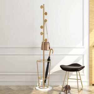 Hallway Metal Round Hooks Coat Stand with Umbrella Stand Base-Gold