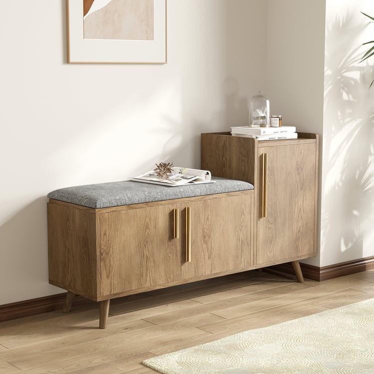 Walnut Upholstered Entryway Bench with Shoe Storage, Right-Side Cabinet (47.2")