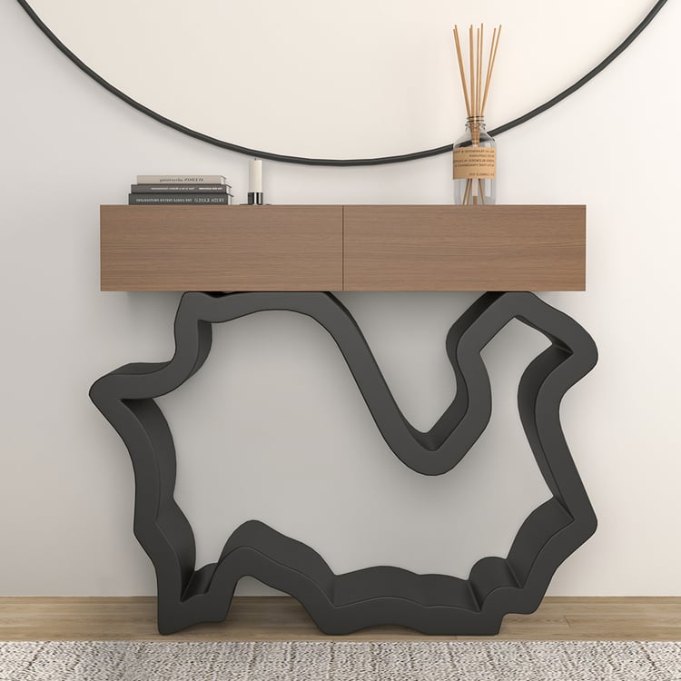 Modern Walnut & Black Console Table with Drawers