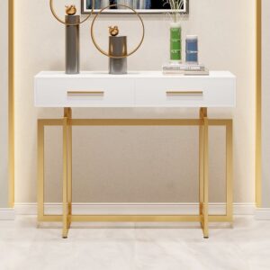 Narrow Console Table with Storage Drawers White Hallway Table with Metal Legs