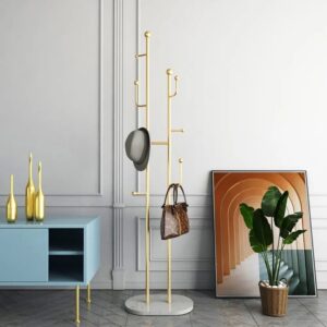 Gold Standing Coat Stand with 7 Hooks Faux Marble Base Hallway Clothing Stand