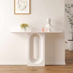 Modern Narrow Wood White Console Table with Geometric Pedestal Hallway Table