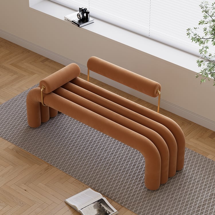 Tufted Velvet Brown Entryway Bench with Backrest, Modern Design in Gold Finish (47.2")