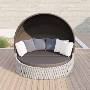 Round garden Polyrattan sun island with roof and weatherproof cover in grey