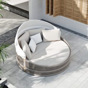 Costra Weatherproof Round Patio Daybed with Adjustable Canopy Ivory