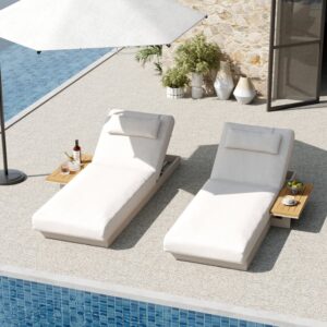 Tevara Wood & Aluminum Outdoor Lounger Daybed Patio Furniture in Warm White Cushion Set of 2