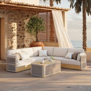 Costra Handwoven Rope L-Shaped Outdoor Sofa with Coffee Table in Ivory