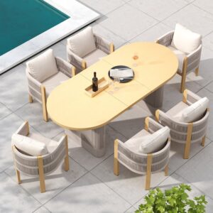 7-Piece Extendable Dining Set with Woven Armchairs for 4-6 People