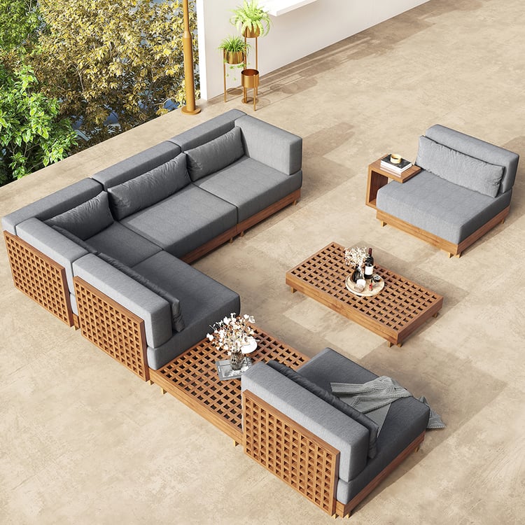 Grida 9-Piece Teak Wood L Shaped Outdoor Sectional Sofa Set in Gray with Coffee Table