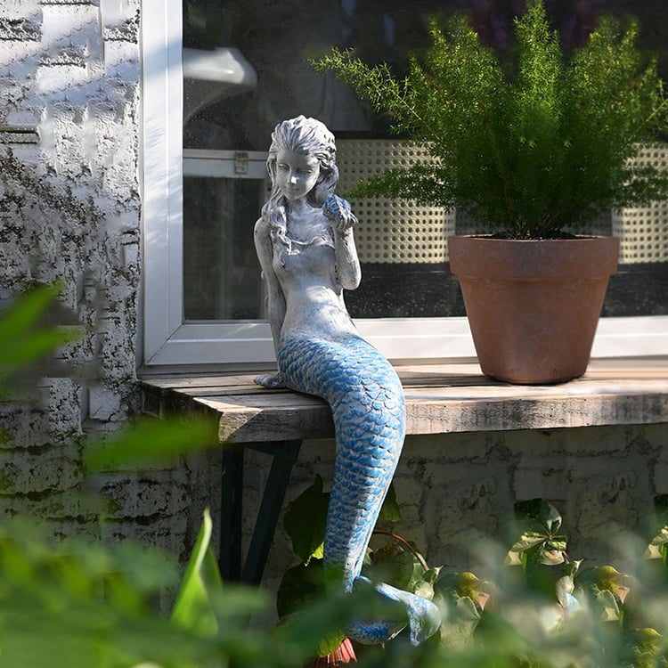 Vintage Decor Outdoor Statues, 25" White Resin Mermaid Garden Sculpture Art