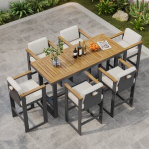 Tevara Teak Wood Modern Outdoor Bar Set Dark Gray Frame & Warm White Cushion