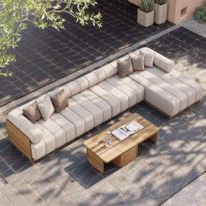 7 PCS Modular Patio Outdoor Sectional Sofa Set Teak Exterior Furniture for 5 in White Cushion & Pillow Included