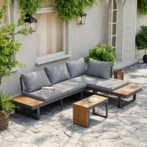 Slatera 4-Seater Outdoor Acacia Wood Sectional Sofa Set with Cushions and Table